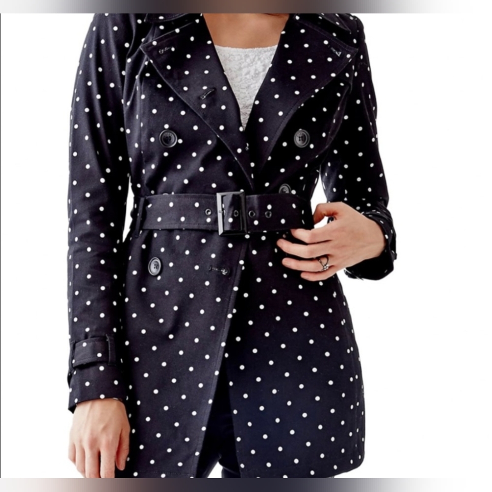 Guess Women's Black White Polka Dot Stretch Woven Trench Coat Adjustable Buckle